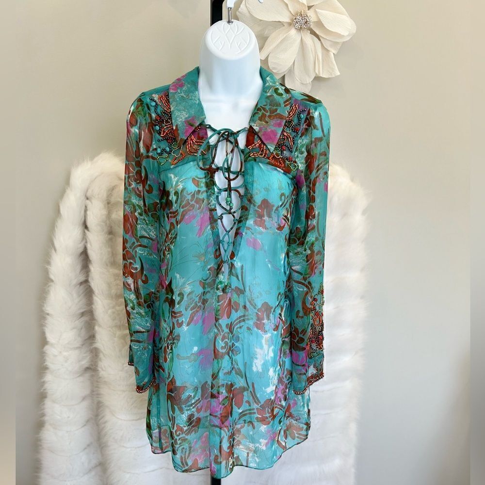Beaded Goddess Turquoise Beaded Tunic (S)